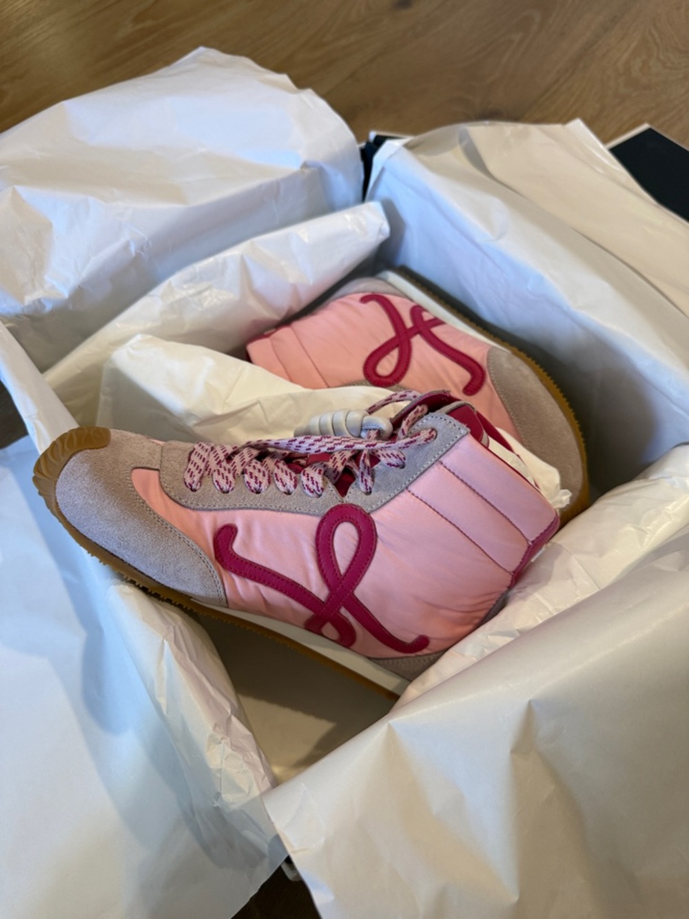 Loewe Pink Suede & Nylon High-Top Sneakers with Ribbon Accent